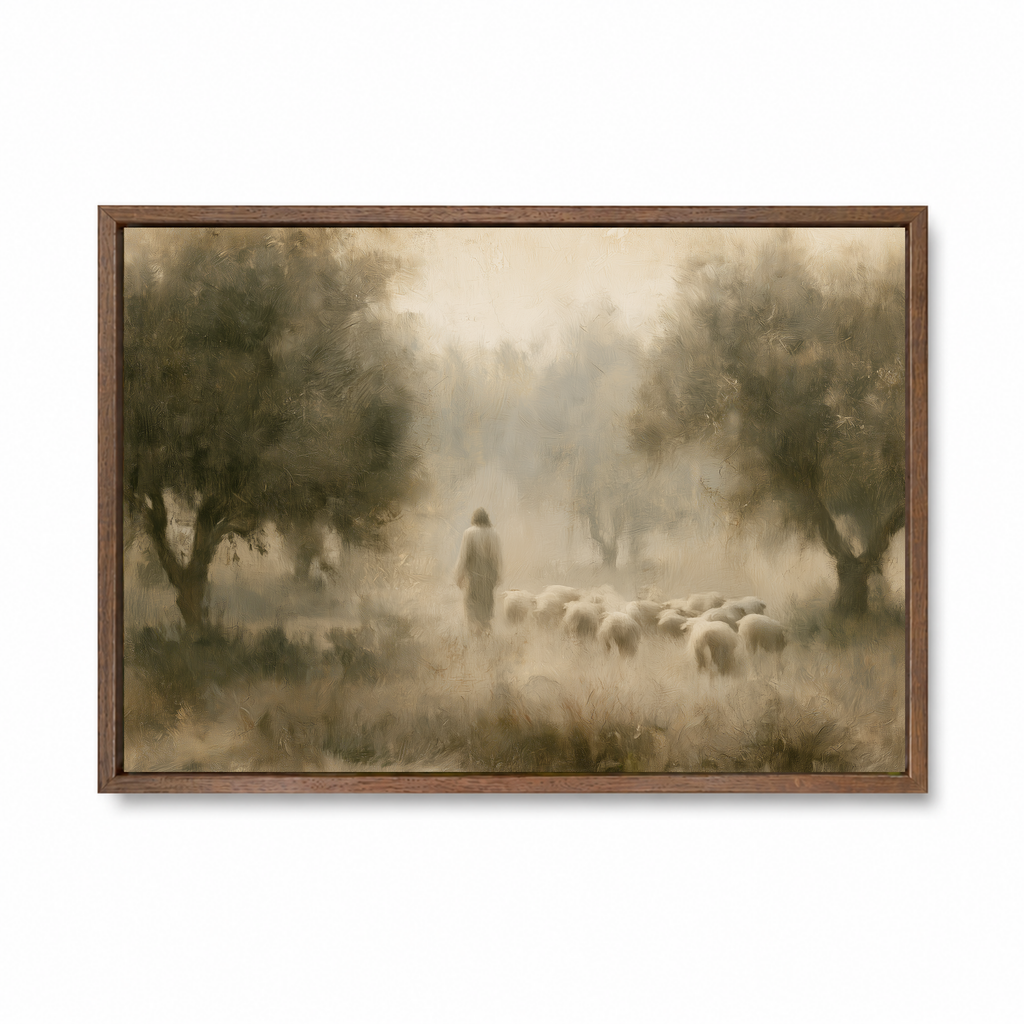 A framed landscape painting depicting a Jesus walking with a flock of sheep through a misty, tree-lined field. The artwork is rendered in soft sepia and brown tones and is presented in a dark brown wooden frame against a plain white background.