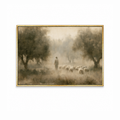 Good Shepherd Christian wall art featuring Jesus walking with sheep in a peaceful landscape in a gold frame