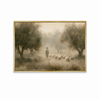 Good Shepherd Christian wall art featuring Jesus walking with sheep in a peaceful landscape in a gold frame