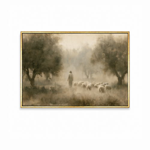 Good Shepherd Christian wall art featuring Jesus walking with sheep in a peaceful landscape in a gold frame