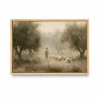 Good Shepherd Christian wall art featuring Jesus and sheep in a natural wood frame