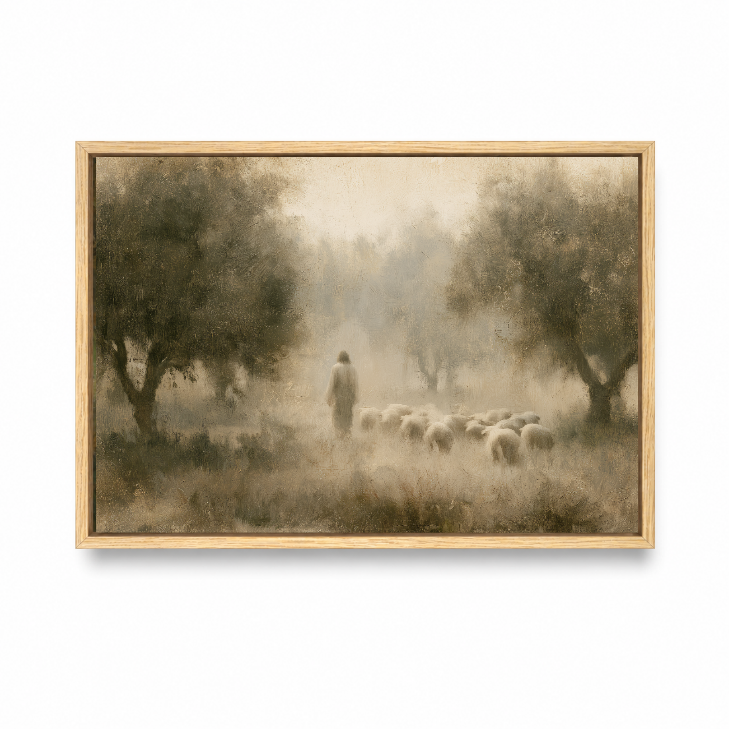 Good Shepherd Christian wall art featuring Jesus and sheep in a natural wood frame
