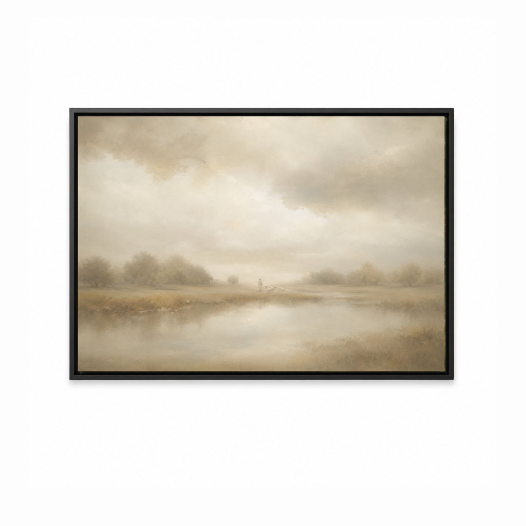 Good Shepherd Christian wall art inspired by Psalm 23 showing a shepherd leading sheep beside still waters. black frame
