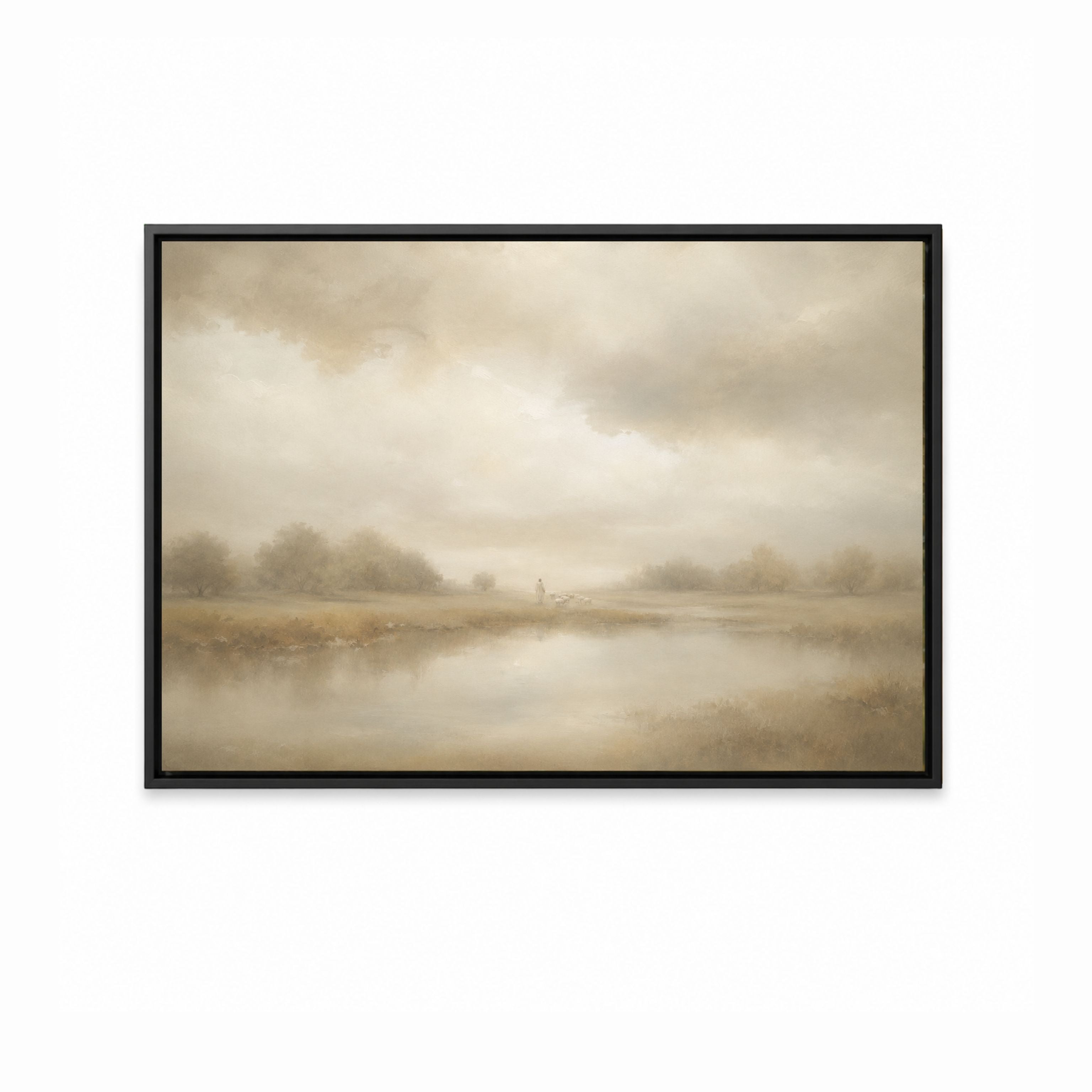 Good Shepherd Christian wall art inspired by Psalm 23 showing a shepherd leading sheep beside still waters. black frame
