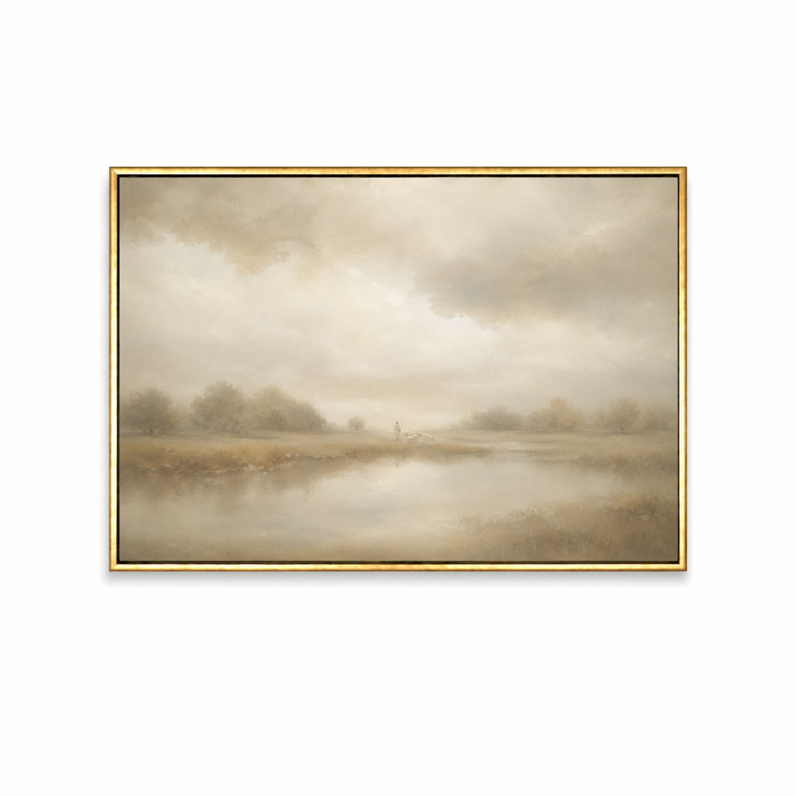 Good Shepherd Christian wall art inspired by Psalm 23 showing a shepherd leading sheep beside still waters. gold frame
