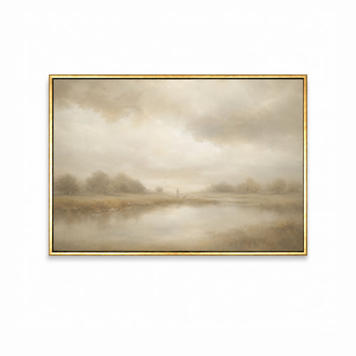 Good Shepherd Christian wall art inspired by Psalm 23 showing a shepherd leading sheep beside still waters. gold frame
