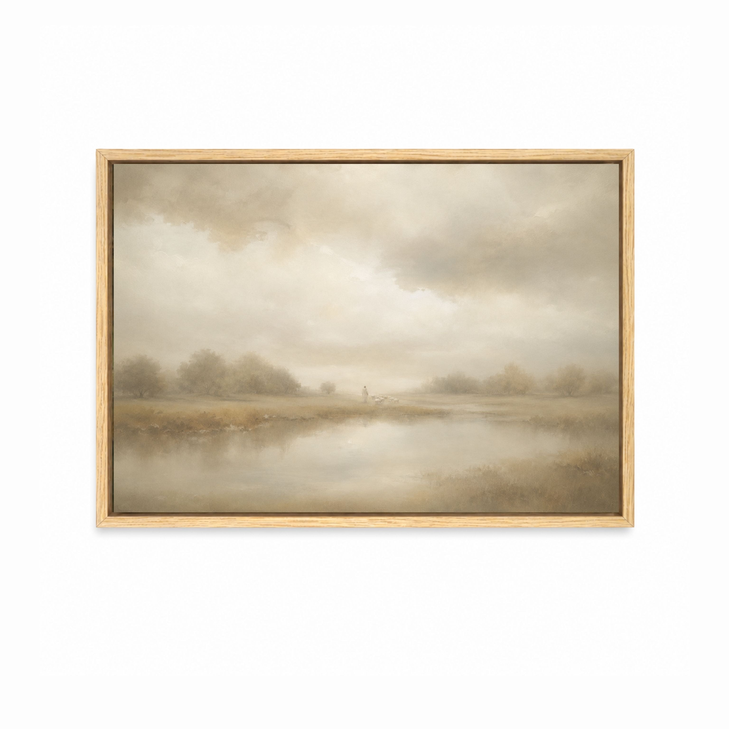Good Shepherd Christian wall art inspired by Psalm 23 showing a shepherd leading sheep beside still waters. natural wood frame
