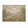 Jesus walking along a peaceful path beside a river with a lamb, symbolizing His guidance, in a soft Christian art print