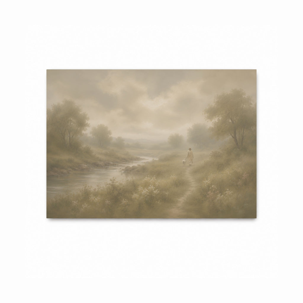Jesus walking along a peaceful path beside a river with a lamb, symbolizing His guidance, in a soft Christian art print