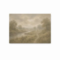 Jesus walking along a peaceful path beside a river with a lamb, symbolizing His guidance, in a soft Christian art print