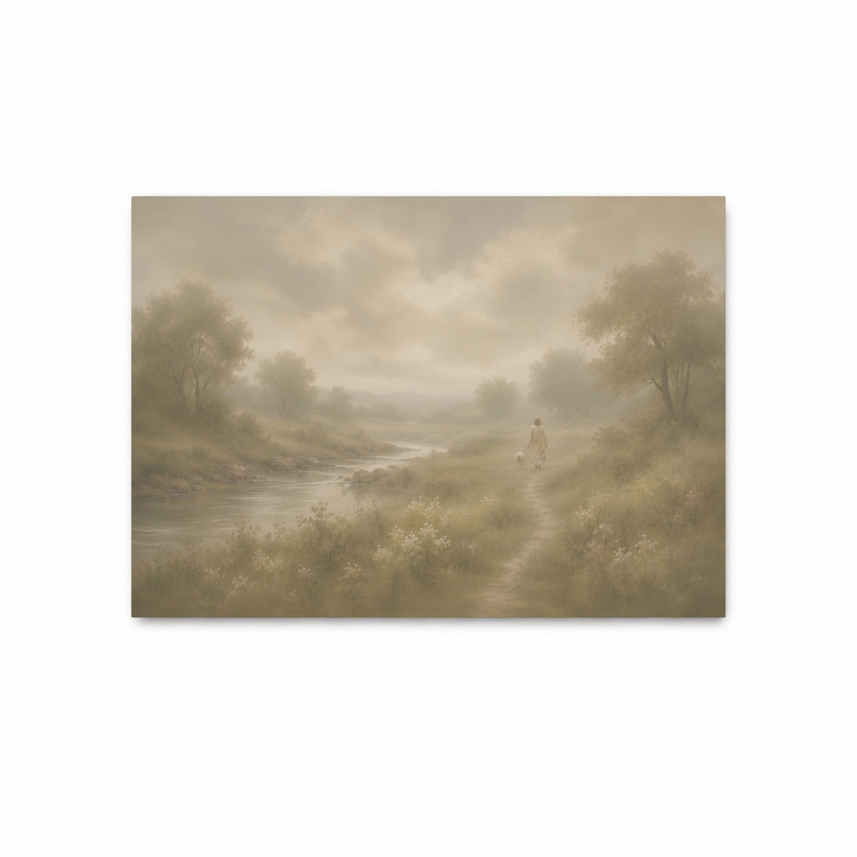 Jesus walking along a peaceful path beside a river with a lamb, symbolizing His guidance, in a soft Christian art print