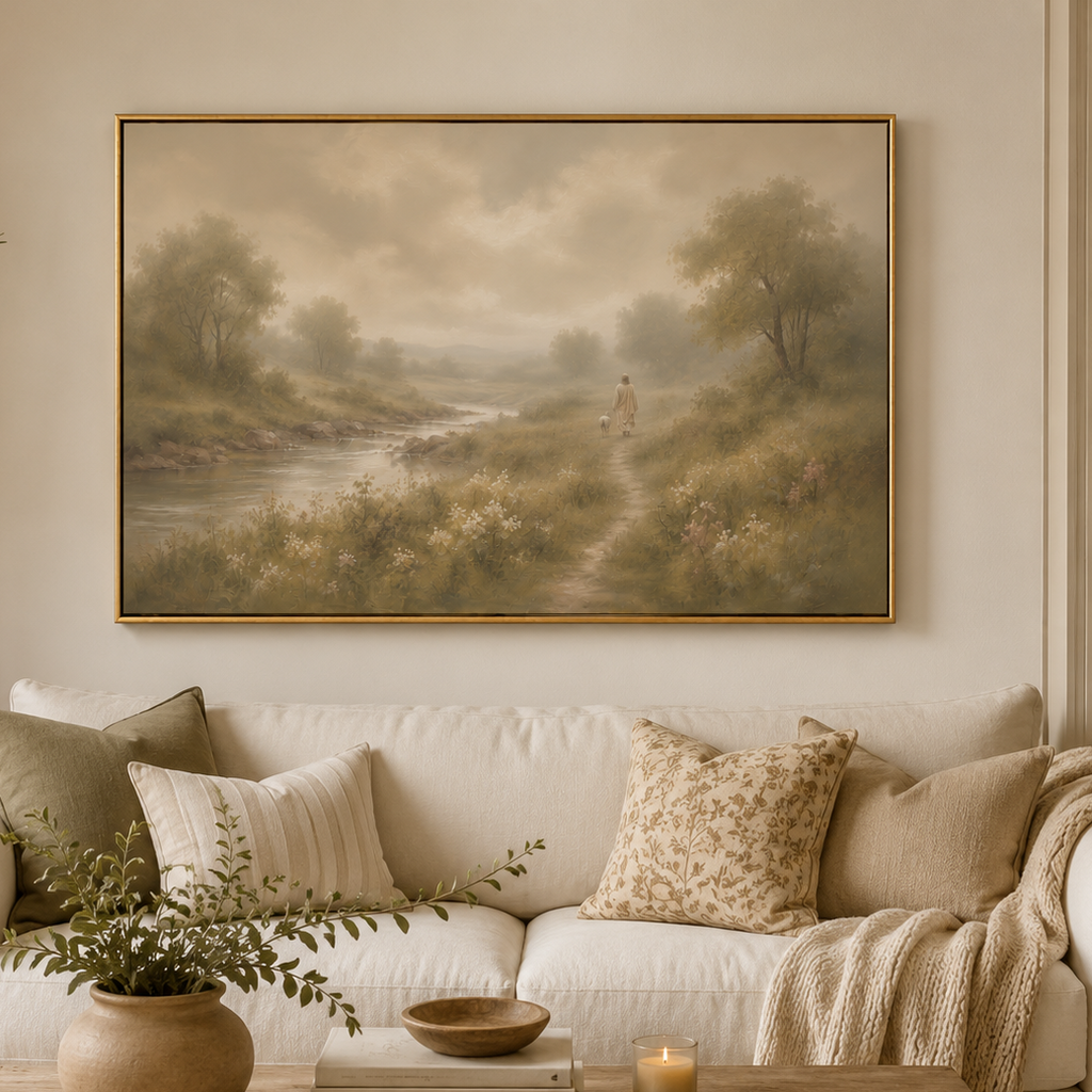 A large framed landscape painting hangs above a cream sofa in a styled living room. The artwork depicts a misty pastoral path with trees, a stream, and a small distant figure, rendered in soft beige, green, and brown tones with a gold frame.