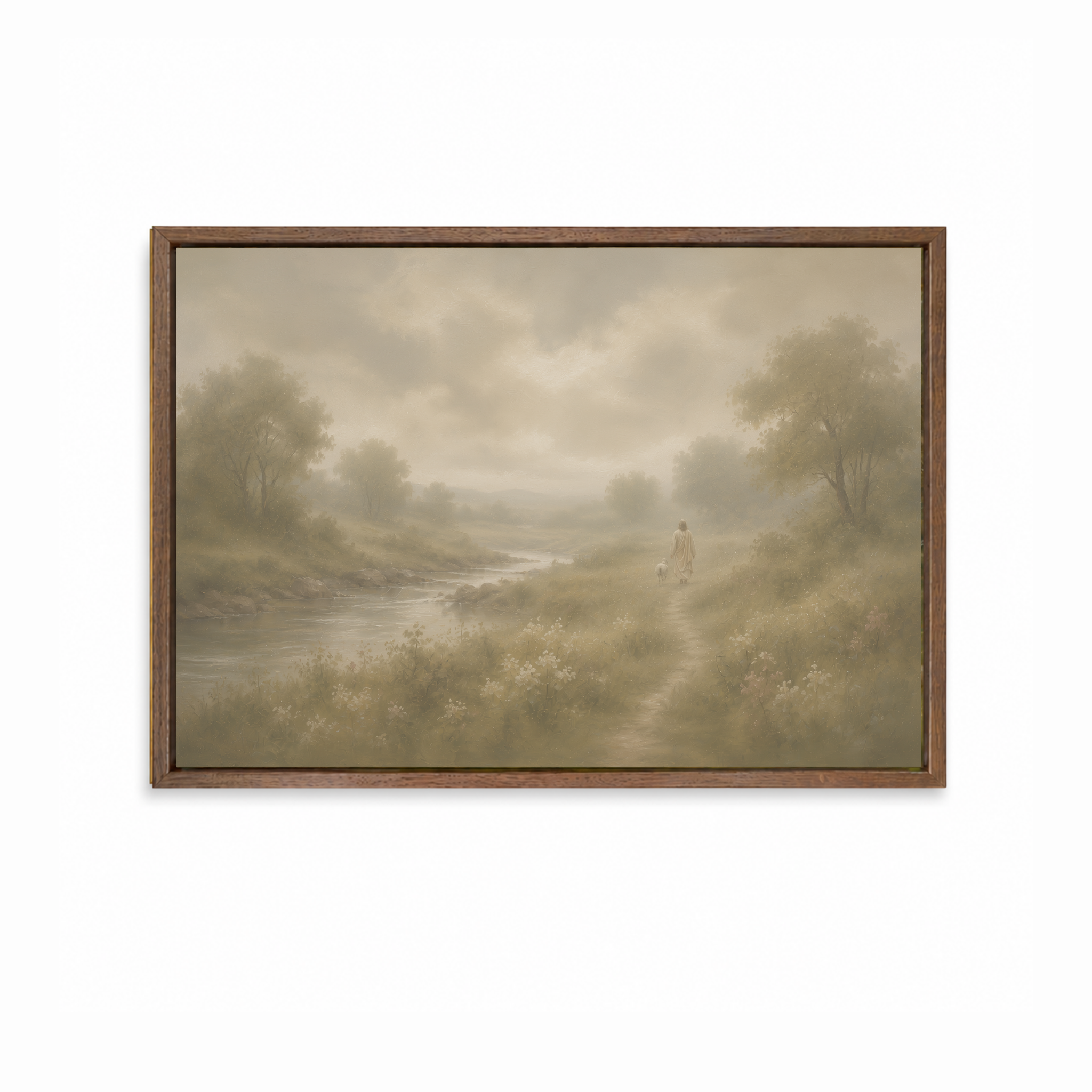 He Leads Me Christian wall art in a dark wood frame featuring Jesus in a peaceful landscape