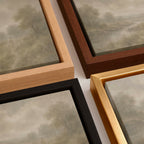 He Leads Me Christian wall art in a gold, black, natural wood and dark wood frame featuring Jesus in a peaceful landscape