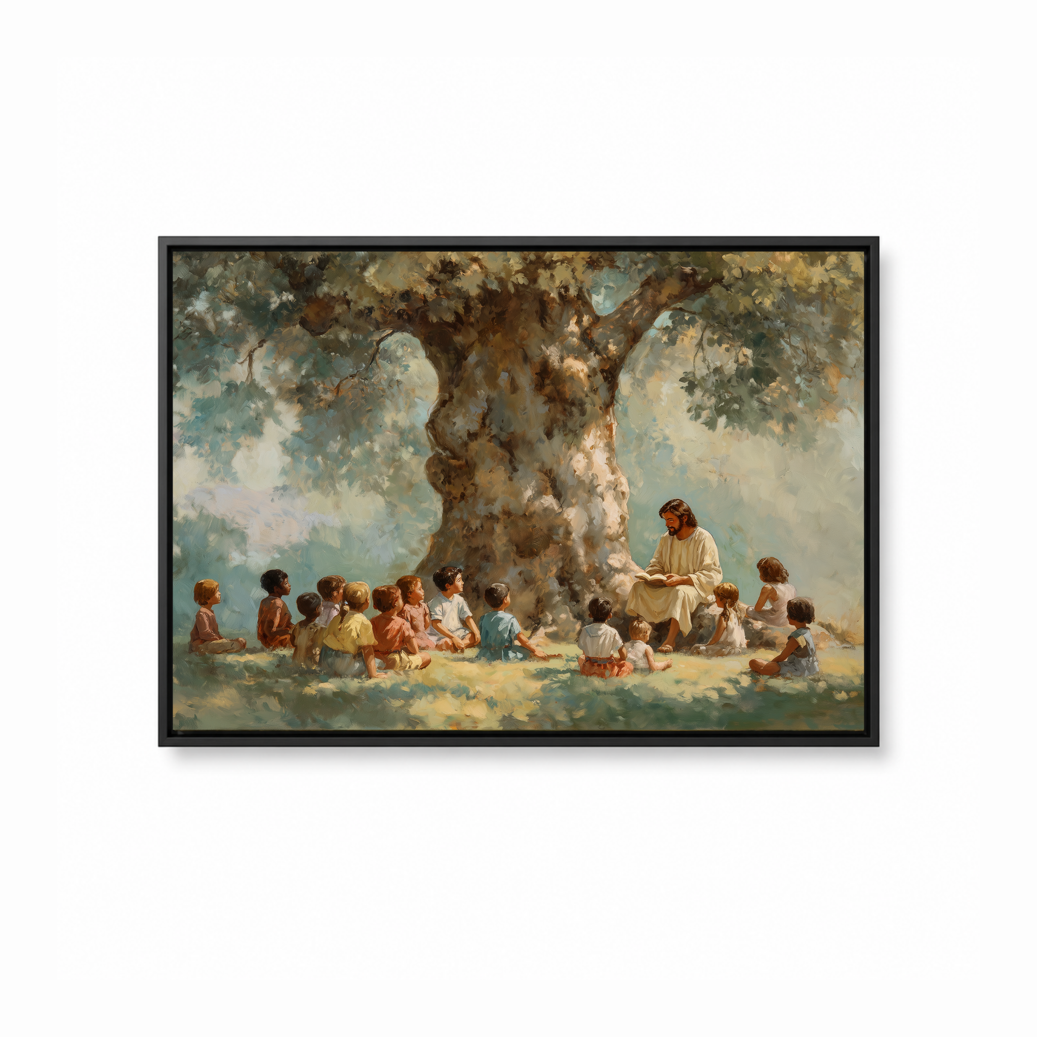 He Welcomed Them Christian wall art featuring Jesus and children in a black frame