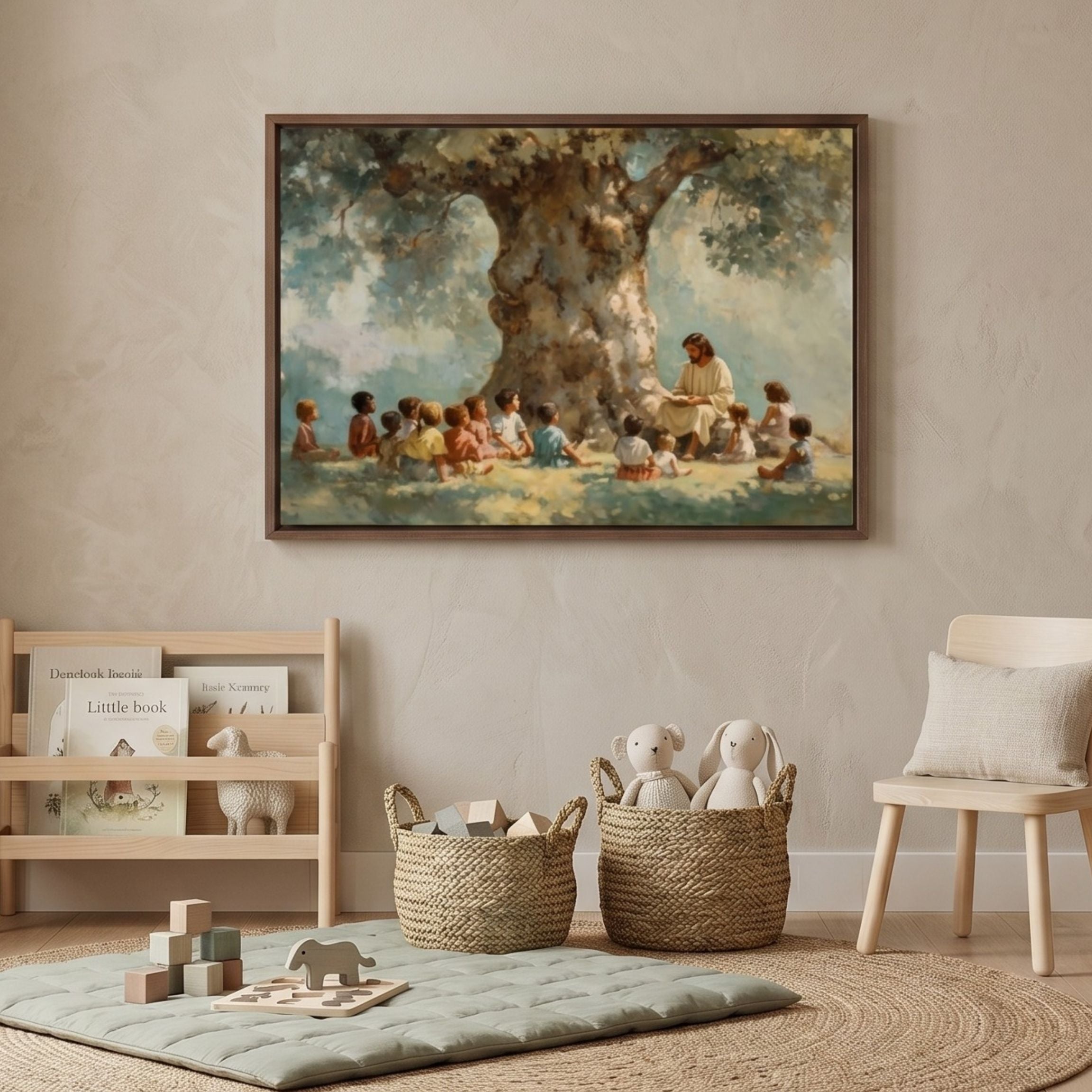 He Welcomed Them Christian wall art displayed in a warm family or nursery space