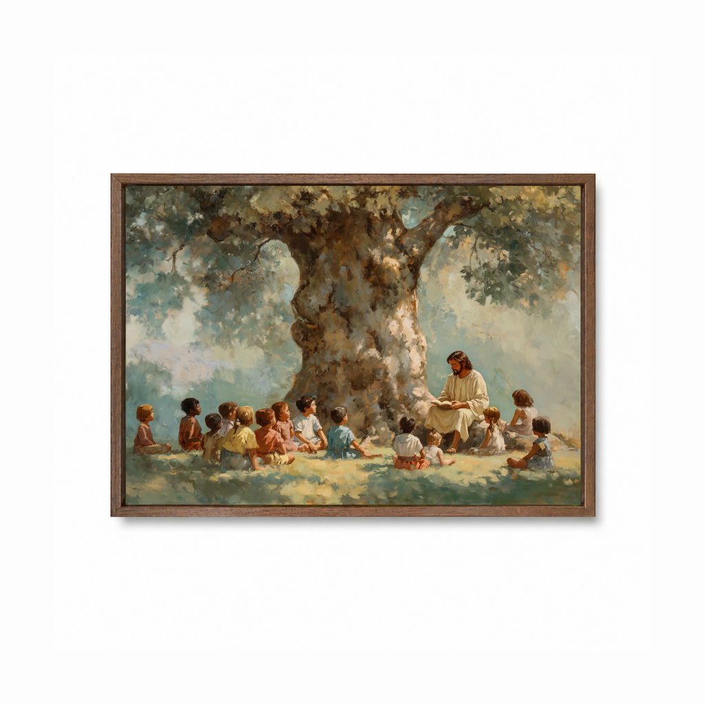 He Welcomed Them Christian wall art featuring Jesus and children in a dark wood frame