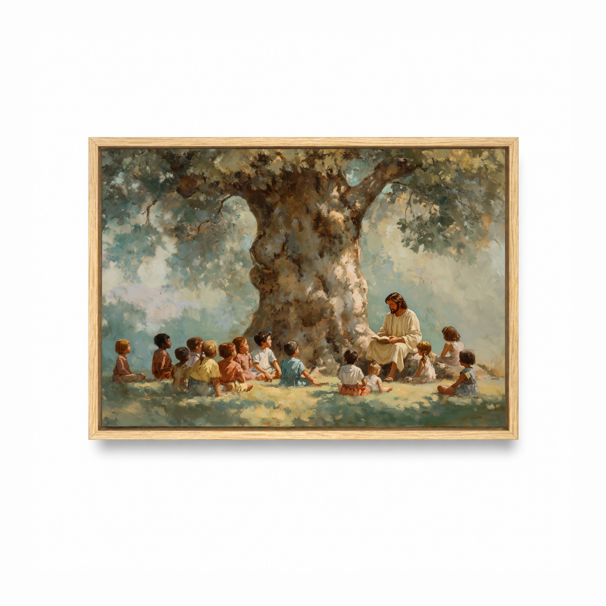 He Welcomed Them Christian wall art featuring Jesus and children in a natural wood frame