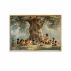 He Welcomed Them Christian wall art featuring Jesus surrounded by children beneath a large tree in a gold frame