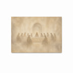 Jesus sharing the Last Supper with His disciples around a table in a soft, neutral Christian art print