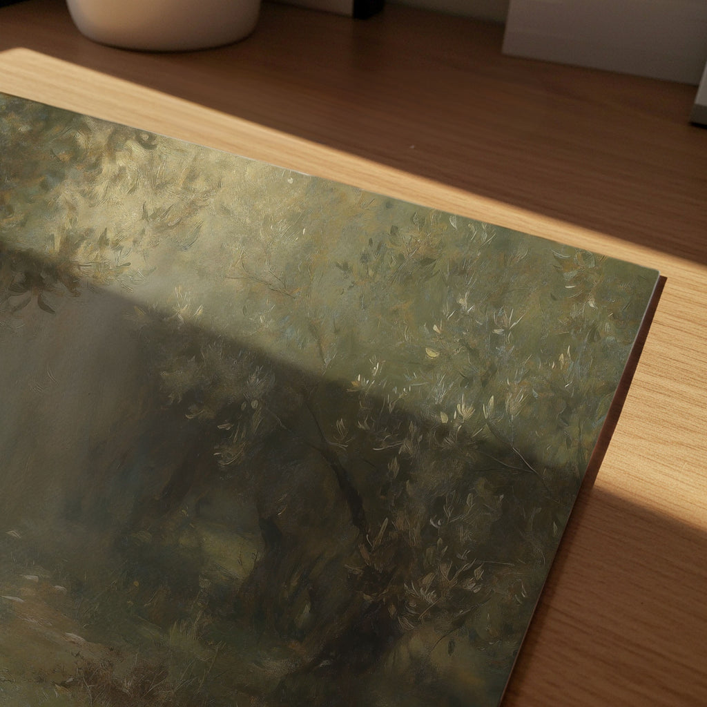 A close-up of a square art print featuring an impressionistic landscape in muted green, gray, and brown tones, resting on a light wood surface with warm sunlight casting shadows.