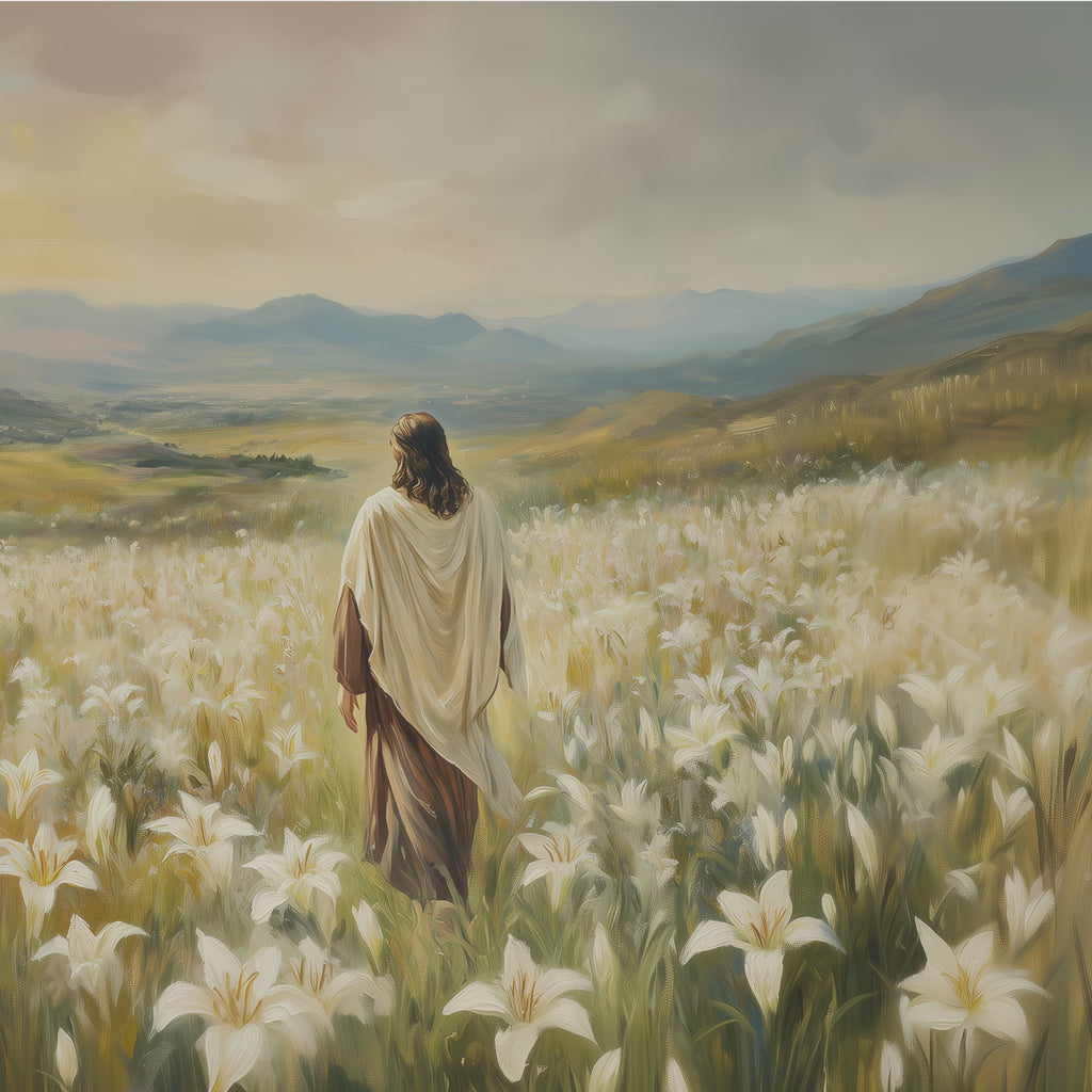Among the Lilies Christian close up video showcasing artwork featuring Jesus among white lilies in a peaceful landscape