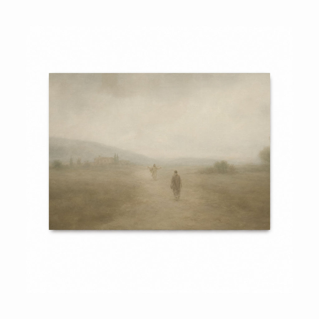 Jesus welcoming the returning prodigal son with open arms in a peaceful biblical landscape, shown in a soft Christian art print