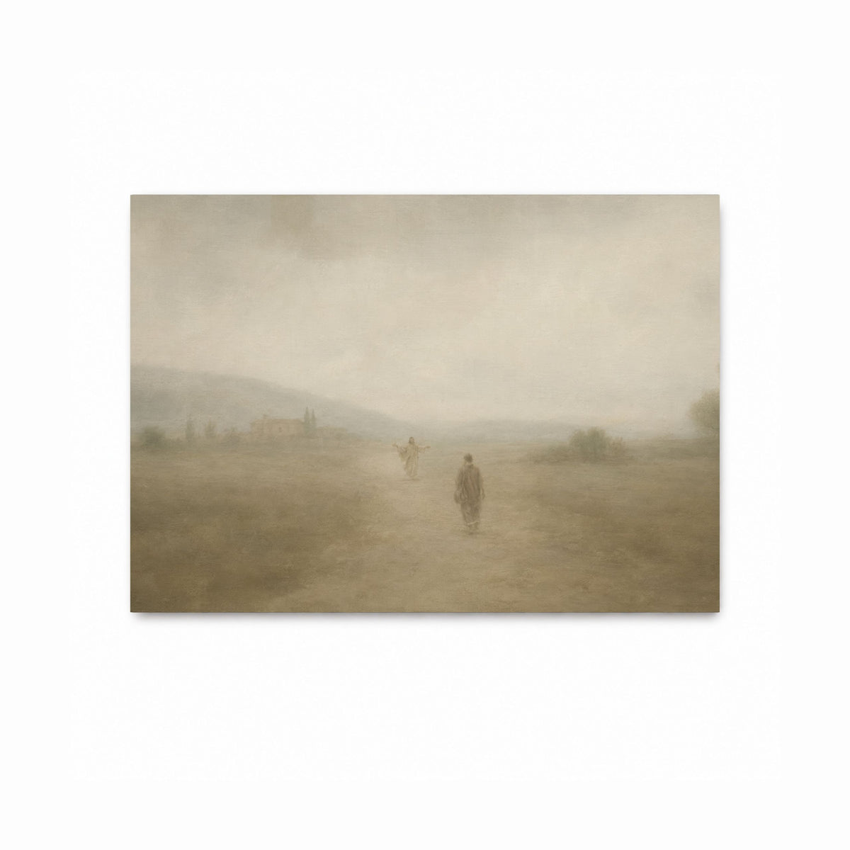 Jesus welcoming the returning prodigal son with open arms in a peaceful biblical landscape, shown in a soft Christian art print