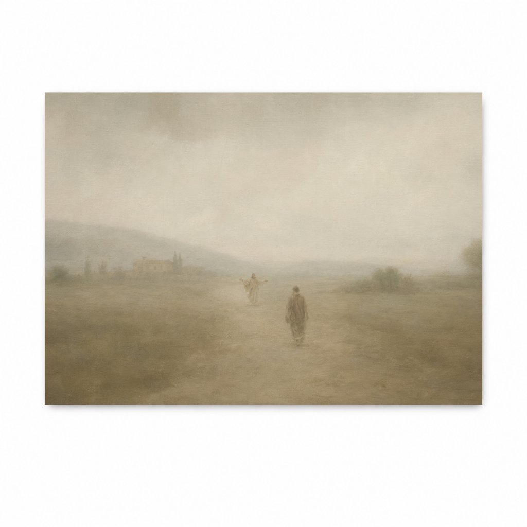 Jesus welcoming the returning prodigal son with open arms in a peaceful biblical landscape, shown in a soft Christian art print