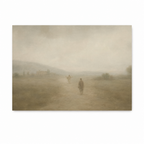 Jesus welcoming the returning prodigal son with open arms in a peaceful biblical landscape, shown in a soft Christian art print