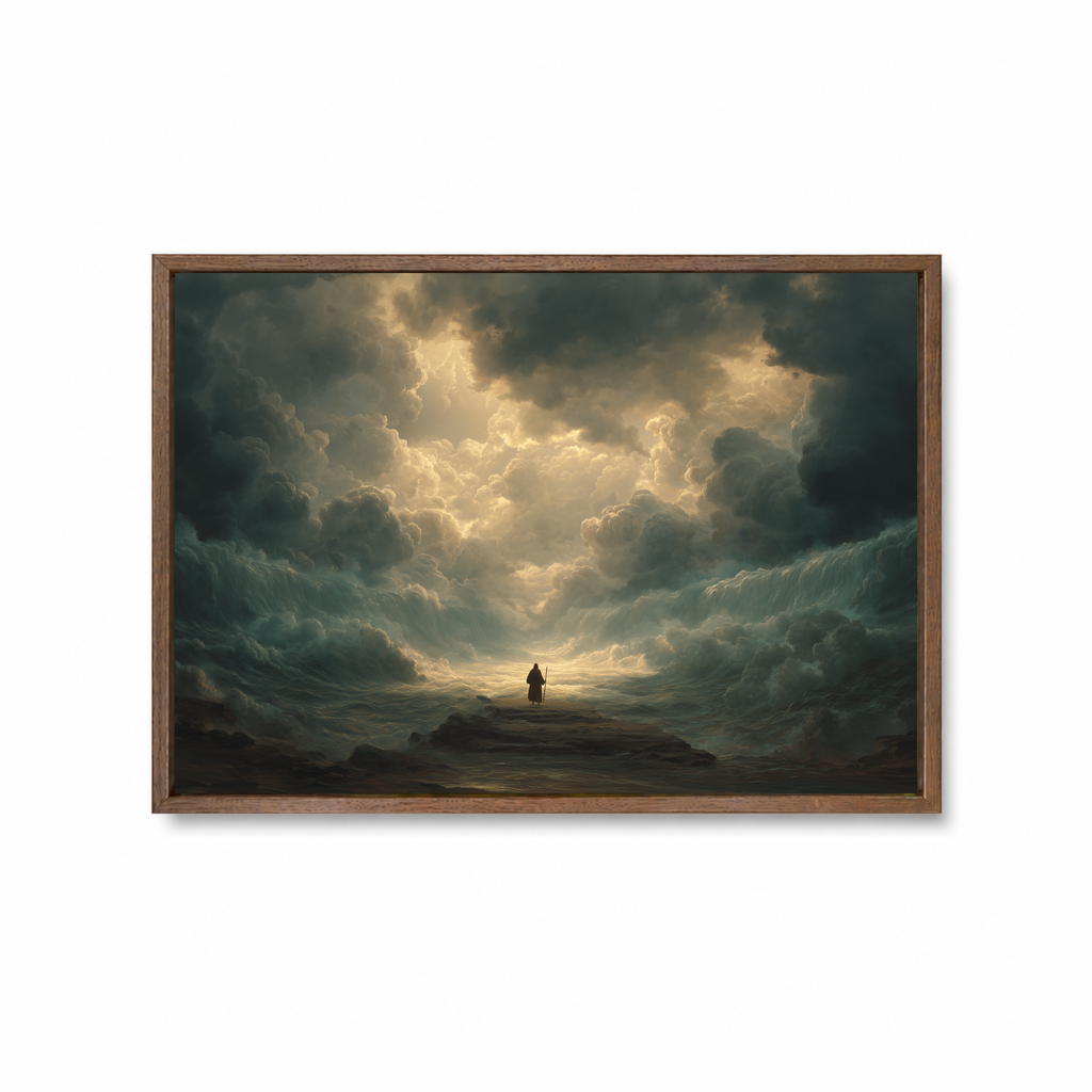 Red Sea Miracle Christian wall art featuring Moses and the parted sea in a dark wood frame