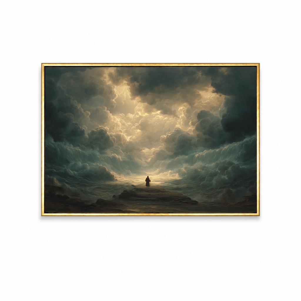 Red Sea Miracle Christian wall art featuring Moses before the parted sea beneath dramatic clouds in a gold frame