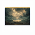 Red Sea Miracle Christian wall art featuring Moses before the parted sea beneath dramatic clouds in a gold frame