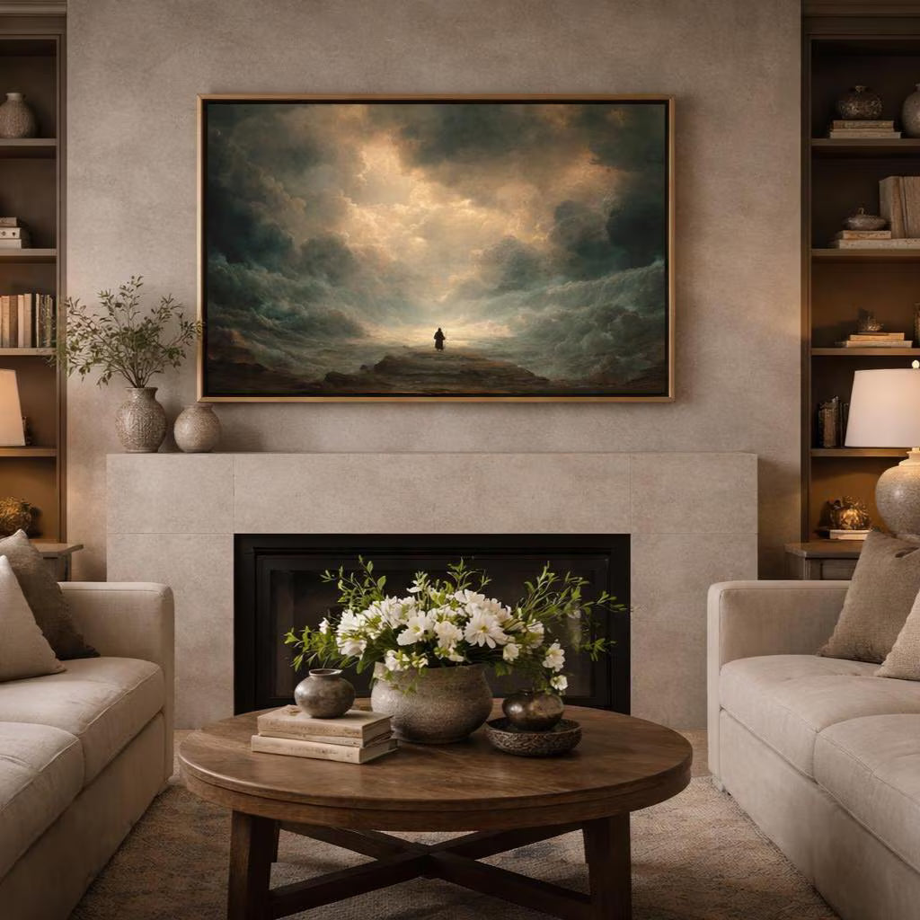 Red Sea Miracle Christian wall art displayed in a warm neutral living room