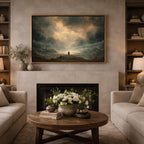 Red Sea Miracle Christian wall art displayed in a warm neutral living room