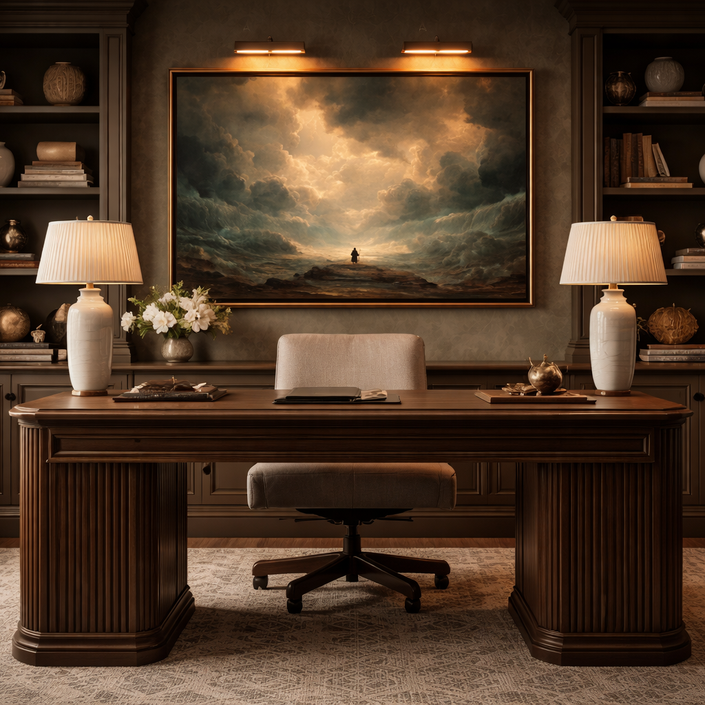 Red Sea Miracle Christian wall art displayed in a warm neutral office