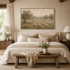 A large framed landscape painting of a shepherd tending a flock of sheep in a field, displayed on a beige wall above a neatly made bed in a warm, neutral-toned bedroom.