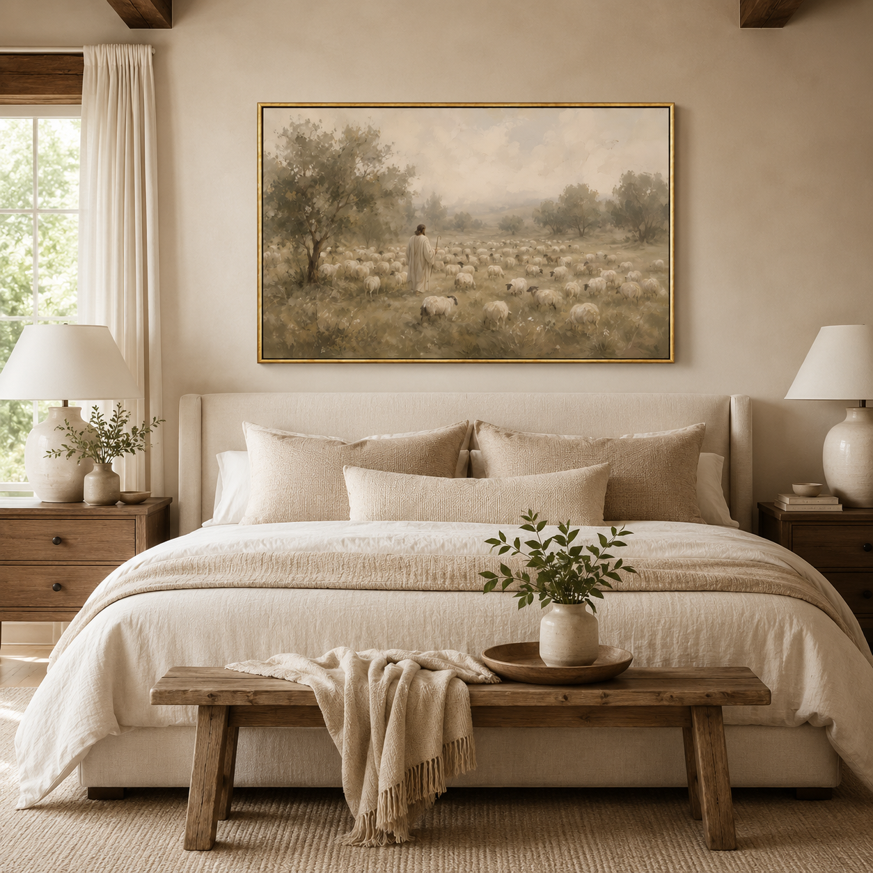 A large framed landscape painting of a shepherd tending a flock of sheep in a field, displayed on a beige wall above a neatly made bed in a warm, neutral-toned bedroom.