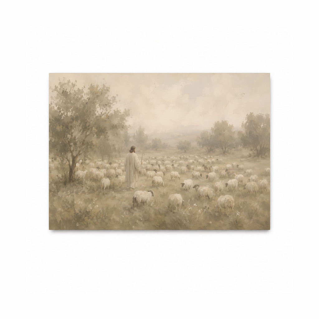 Jesus as the Good Shepherd walking among a flock of sheep in a peaceful landscape, shown in a soft neutral Christian art print