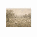 Jesus as the Good Shepherd walking among a flock of sheep in a peaceful landscape, shown in a soft neutral Christian art print