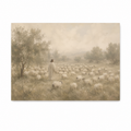Jesus as the Good Shepherd walking among a flock of sheep in a peaceful landscape, shown in a soft neutral Christian art print