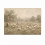 Jesus as the Good Shepherd walking among a flock of sheep in a peaceful landscape, shown in a soft neutral Christian art print