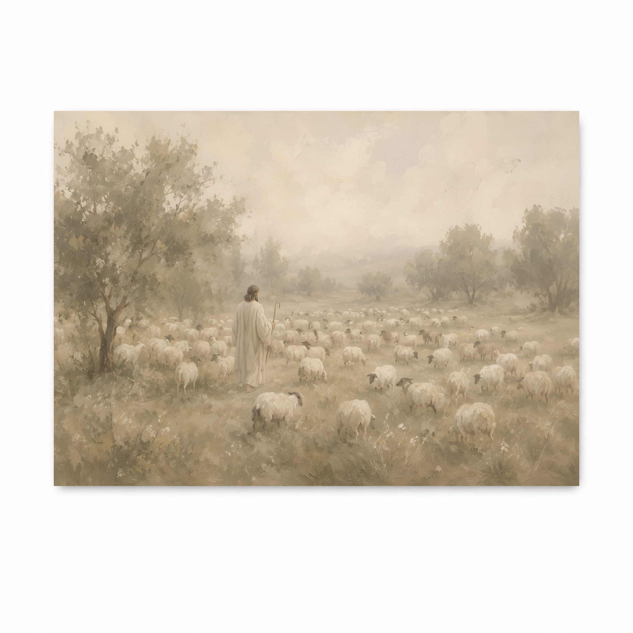 Jesus as the Good Shepherd walking among a flock of sheep in a peaceful landscape, shown in a soft neutral Christian art print