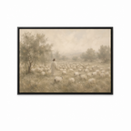 The Good Shepherd Christian wall art featuring Jesus with His flock in a peaceful landscape in a black frame