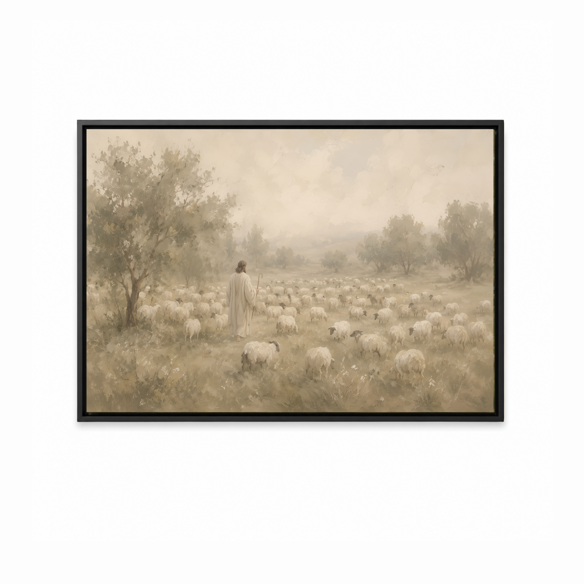 The Good Shepherd Christian wall art featuring Jesus with His flock in a peaceful landscape in a black frame