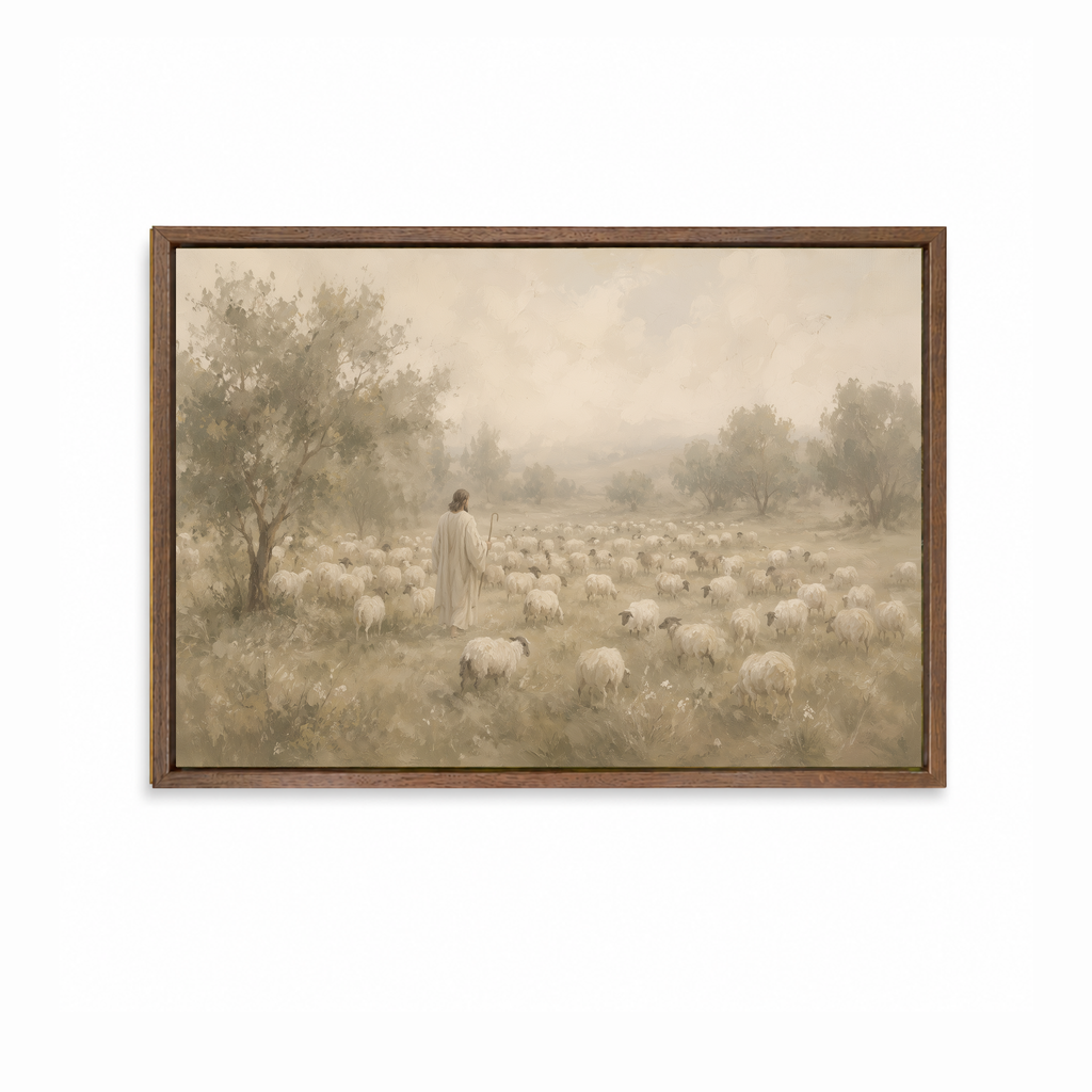 The Good Shepherd Christian wall art featuring Jesus with His flock in a peaceful landscape in a dark wood frame