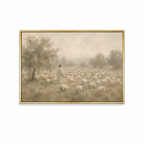The Good Shepherd Christian wall art featuring Jesus with His flock in a peaceful landscape in a gold frame