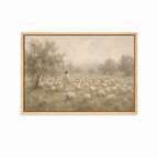 The Good Shepherd Christian wall art featuring Jesus with His flock in a peaceful landscape in a natural wood frame