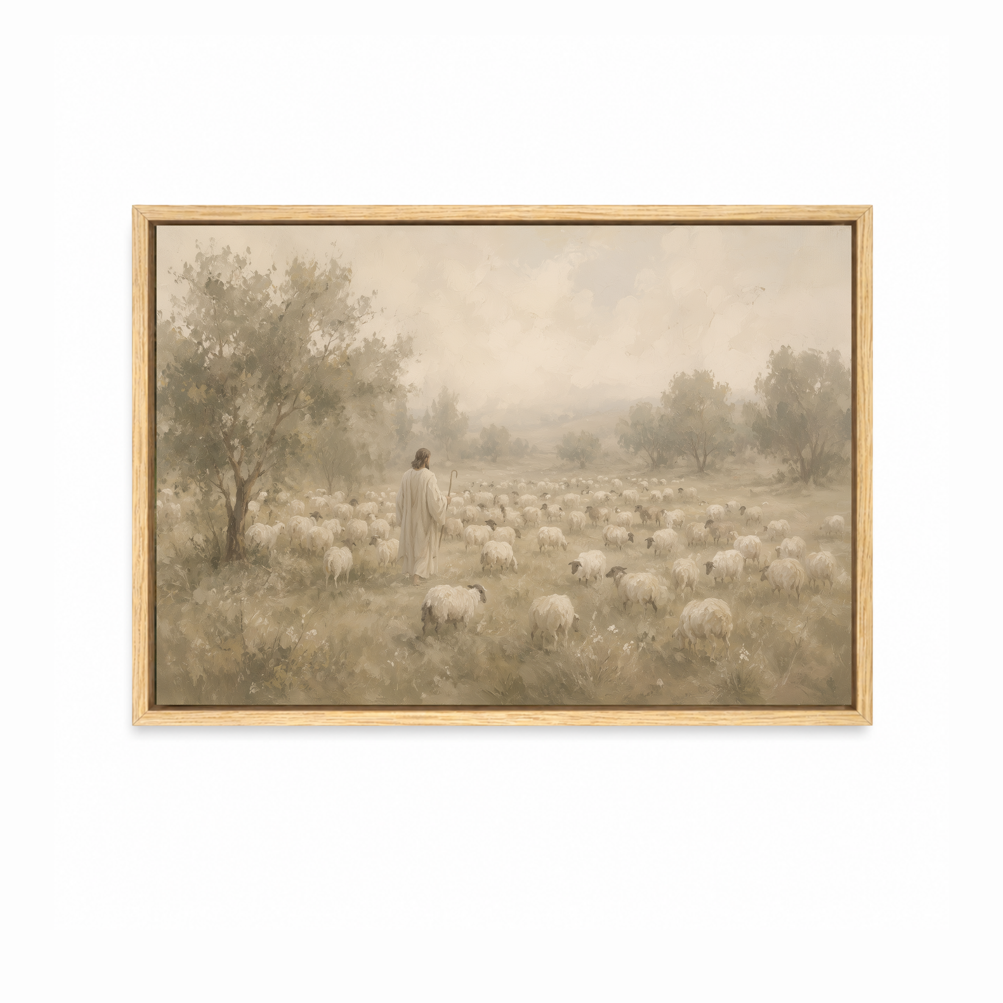 The Good Shepherd Christian wall art featuring Jesus with His flock in a peaceful landscape in a natural wood frame