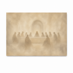 Jesus sharing the Last Supper with His disciples around a table in a soft, neutral Christian art print